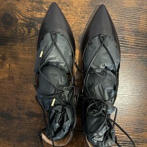 Aquazzura Black Pointed Lace-Up Flats with Gold-Tip Aglets